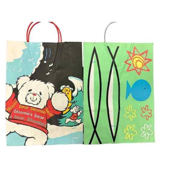 2 VTG Bloomingdales Paper Bags '90 Laurie Rosenwald Fish & '86 Fontanelli Bears - Picture 1 of 4